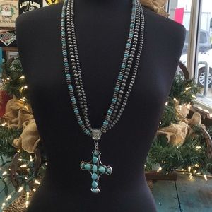 Silver/Pewter and Turquoise (costume jewelry) beaded necklace with earrings set.